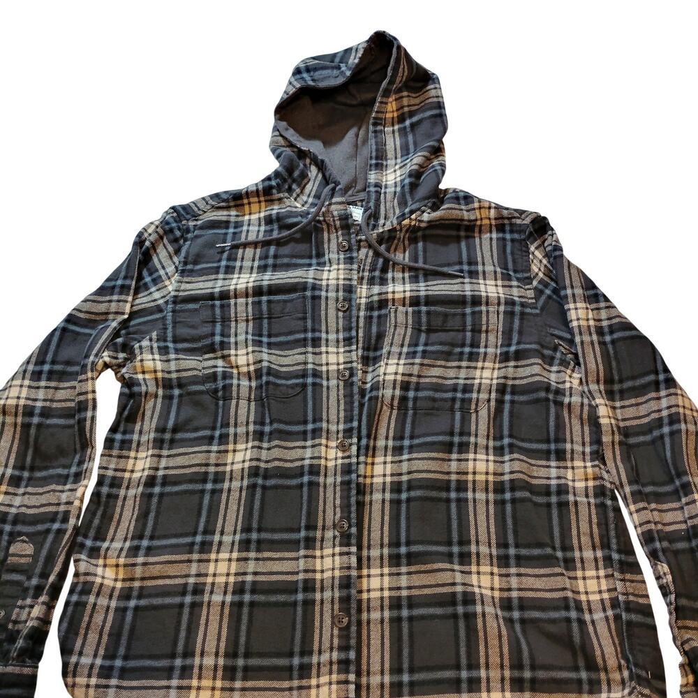 Old Navy Mens XL Plaid Hooded Flannel Shirt Jacket Black Gray Cotton Shacket